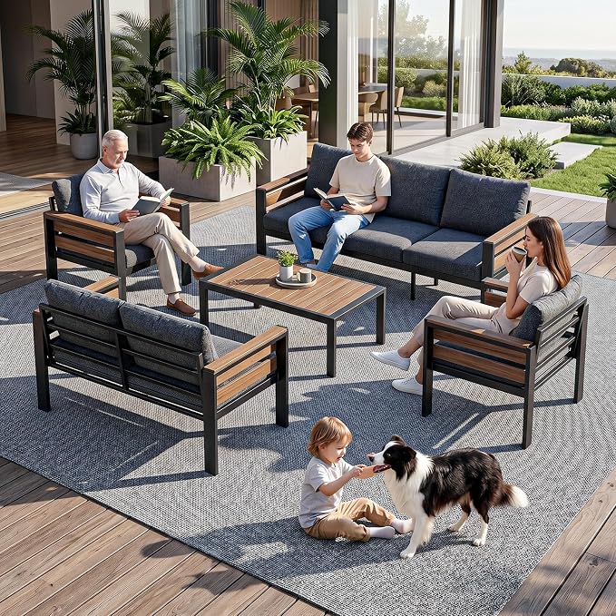 SUNYRISY Aluminum Outdoor Patio Furniture Set with Coffee Table, 5 Piece Metal Outdoor Modern Conversation Sets with Washable Cushions, Sectional Sofa Couch for Porch, Lawn, Deck, Backyard