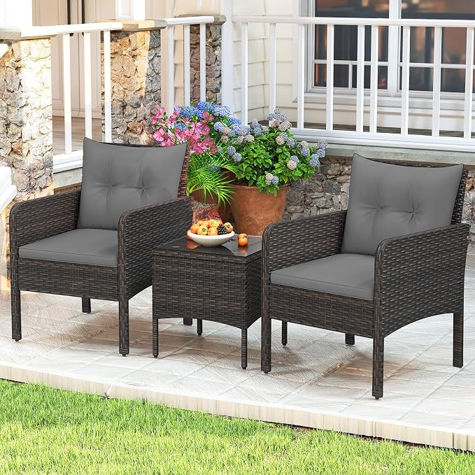 HAPPYGRILL 3 Piece Patio Bistro Set Rattan Wicker Outdoor Conversation Set with Cushions and Coffee Table, Outside Furniture with Rattan Chairs for Porch, Balcony, Deck and Garden (Gray)