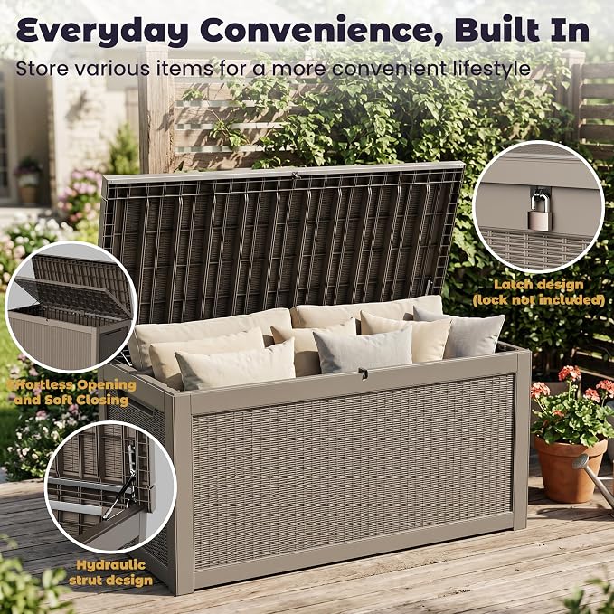 PatioZen 330 Gallon Outdoor Storage Box, Heavy Duty Resin Large Deck Box Organization for Garden Tools & Pool Accessories, Hydraulic Lift, All-Season UV-Resistant, Grey