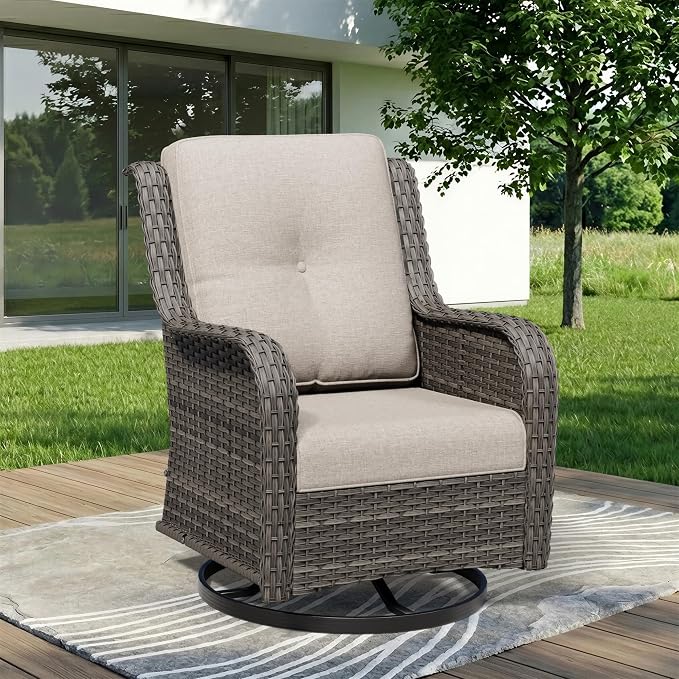 Outdoor Swivel Rocker Patio Chair - Outdoor Wicker Patio Furniture with Thickened Olefin Cushions, High Back and Deep Seating, Hand-Woven PE Rattan for Porch, Deck, Balcony, Beige