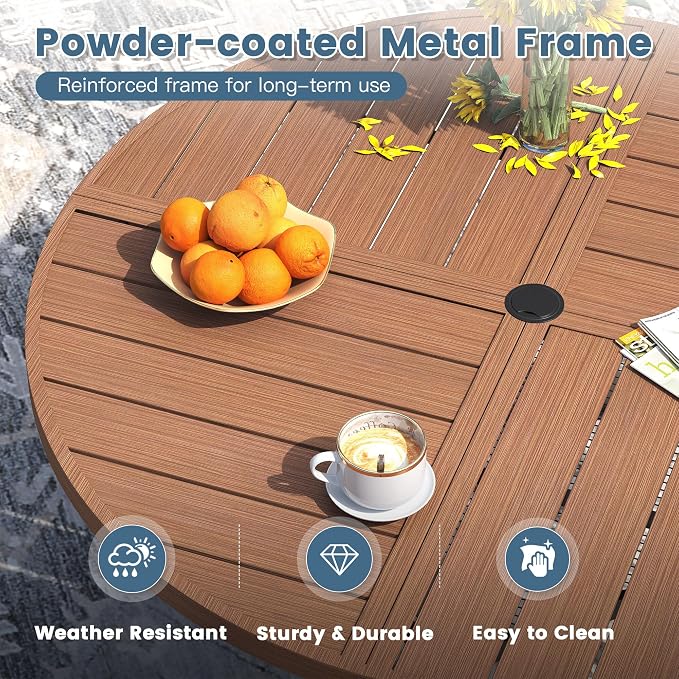 DIFY 11 Pieces Outdoor Dining Set, Metal Patio Table and Chairs Set for 10, 63" Round Dining Table with Umbrella Hole & Wicker Stackable Patio Chairs with Cushions, Walnut Tabletop