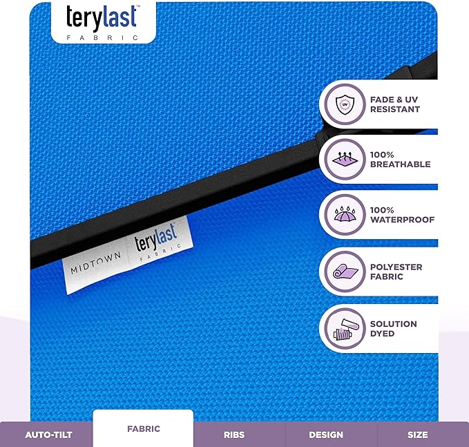 The Swilt 9 Feet Outdoor Umbrella With Terylast Cobalt (Blue) Polyester Fabric - Fiberglass Ribs, Auto-Tilt And Swivel Aluminum Frame Patio Umbrella For Deck, Garden, Pool - Black Pole