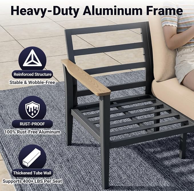 Aluminum Outdoor Patio Furniture Set, 4-Piece Outdoor Sofa with 5.1" Thick Cushions, 55,000 BTU Propane Fire Pit Table, Outdoor Couch for Balcony, Porch, Khaki
