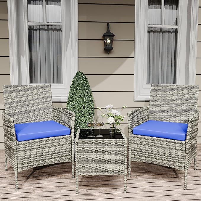 Takywep 3-Piece Outdoor Patio Bistro Set – PE Rattan Wicker Furniture, 2 Chairs, Soft Blue Cushions, Glass Coffee Table, Patio Conversation Set for Backyard, Porch, Apartment – Grey Gradient