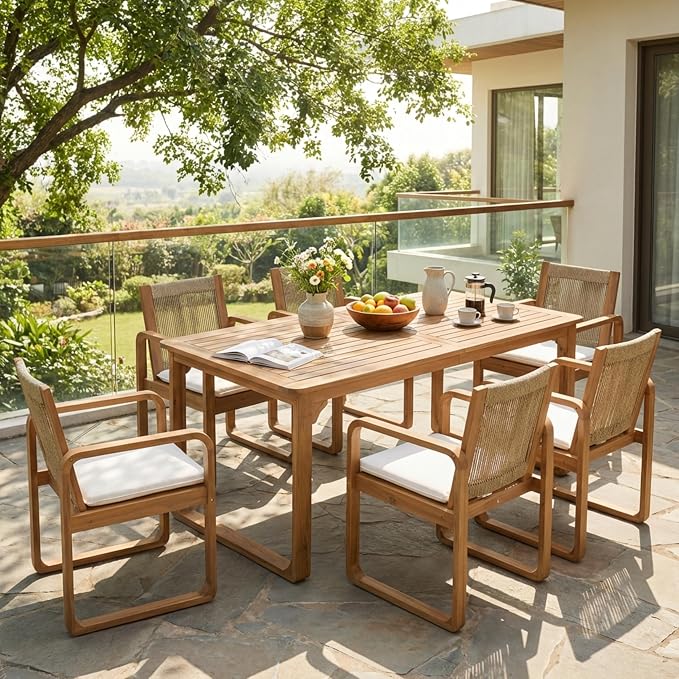 Christopher Knight Home Trazy Acacia Wood Outdoor Dining Set for 6, Patio Dining Table Set for 6, Outdoor Dining Table and Sled Base, Dining Chairs with Cushion + Rope Backrest, Teak + Brown + Beige