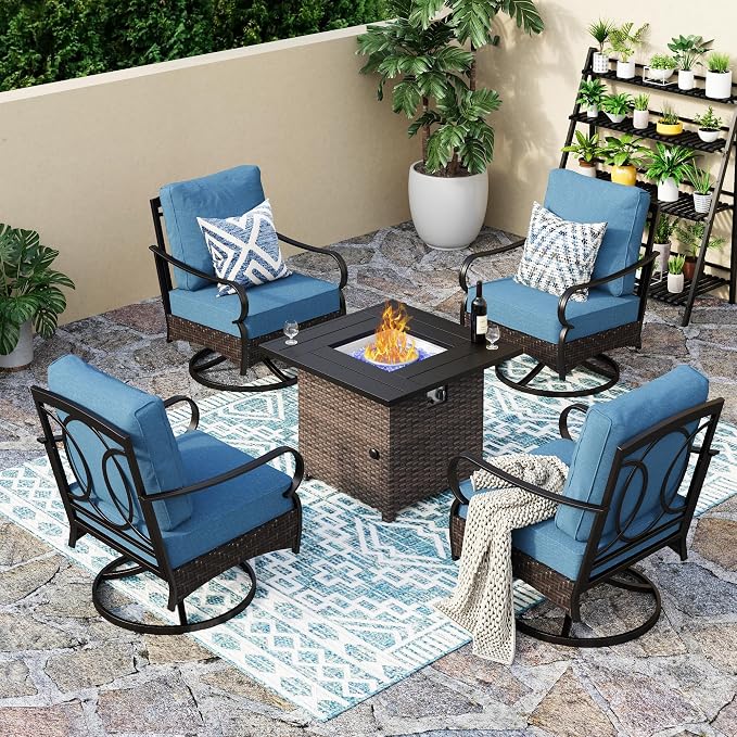 Patio Furniture Set with 32" Fire Pit Table, Patio Conversation Sets 4 Swivel Chairs with Thick Cushion and 50000 BTU Fire Pit Table (5 Pieces,Navy
