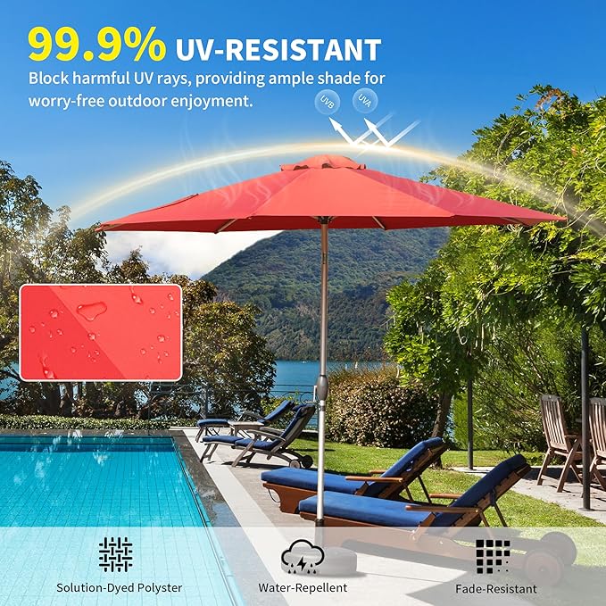 Domi 9FT Patio Umbrella, Outdoor Table Umbrella with Aluminum Pole, UV Protection Waterproof Market Sun Umbrella with Push Button Tilt and Crank for Garden, Deck, Backyard, Pool (Brick Red)