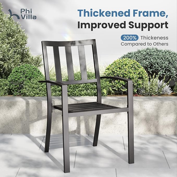 PHI VILLA 5pc Outdoor Table and Chairs,37" Square Table w/Umbrella Hole | Perfect for patio,deck,porch,backyard.Includes 1 black square metal table and 4 stackable wrought iron chairs