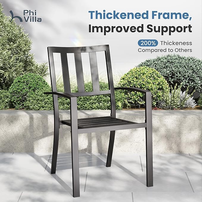 PHI VILLA 7 Piece Outdoor Dining Set for 6, 60” Rectangular Metal Steel Table with Umbrella Hole & Stacking Wrought Iron Chairs, Large Furniture Set for Patio, Deck, Yard - Black