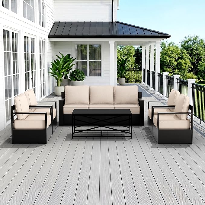 Outdoor Patio Furniture Set, 6-Piece Aluminum Patio Conversation Set All-Weather Metal Outdoor Sectional with 6 Inch Thick Cushions, Deep Setting for Garden, Outside and Porch, Beige