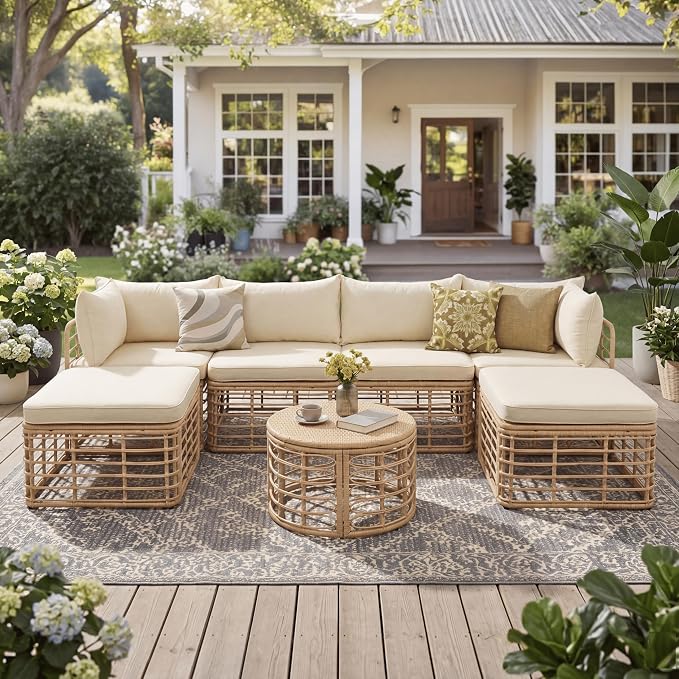 LUMISOL 7-Piece Rattan Patio Furniture Set, Boho Outdoor Conversation Set Sectional Sofa with Thick Cushions, Single Sofa Chairs, Ottomans & Coffee Table for Backyard & Garden, Brown