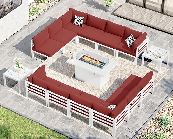 NICESOUL 12 Seat Extra Large Aluminum Patio Furniture Set with Fire Pit Table Propane/Gas, Contemporary Outdoor Conversation Sofa Set with End Table, All-Weather Sectional Couch for Garden Yard, Red