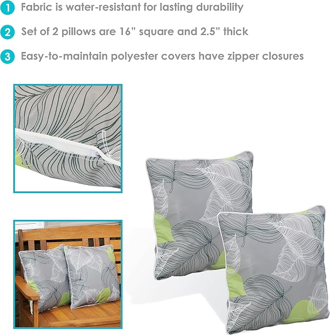 Sunnydaze Set of 2 Outdoor Decorative Throw Pillows - 16-Inch Square Throw Pillows - Indoor or Outdoor Use - Lush Foliage