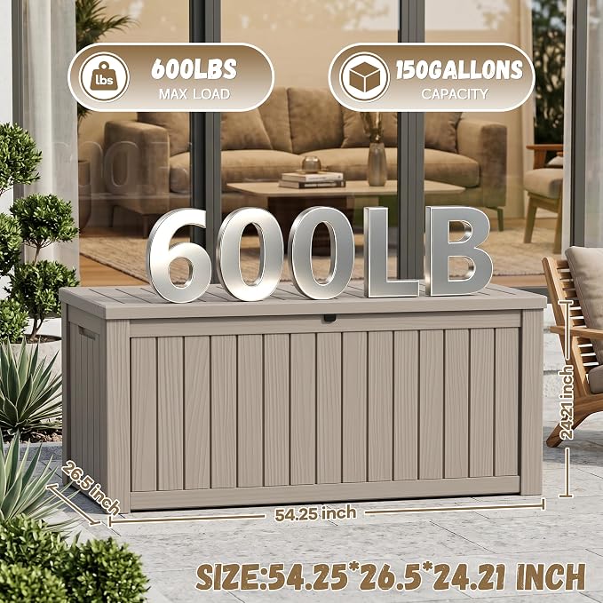 EasyUp 150 Gallon Deck Box Large Deck Box for Indoor and Outdoor,Waterproof Storage Boxs for Patio Furniture,Garden Tools,Cushions, Lockable and UV Resistant,Easy to Install(Grey)