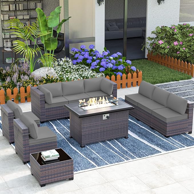 Outdoor Patio Furniture Set with Fire Pit Table, 10 Pieces Outdoor Furniture Set Patio Sectional Sofa w/43in Propane Fire Pit, PE Wicker Rattan Patio Conversation Sets - Grey.