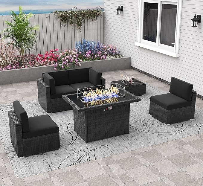 6 Pieces Patio Furniture Set with 44" Propane Gas Fire Pit Table, Outdoor Sectional Wicker Conversation Sofa Sets with Coffee Table
