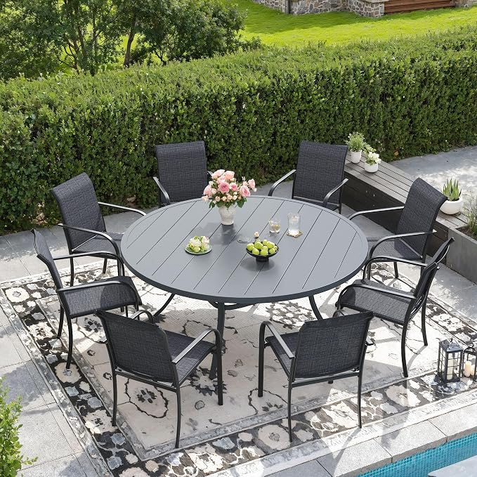 DIFY 9 Pieces Outdoor Patio Dining Set for 8, 53" Round Metal Dining Table and 8 Stackable Textilene Patio Chairs, Outdoor Table and Chairs for Backyard Garden Poolside, Grey