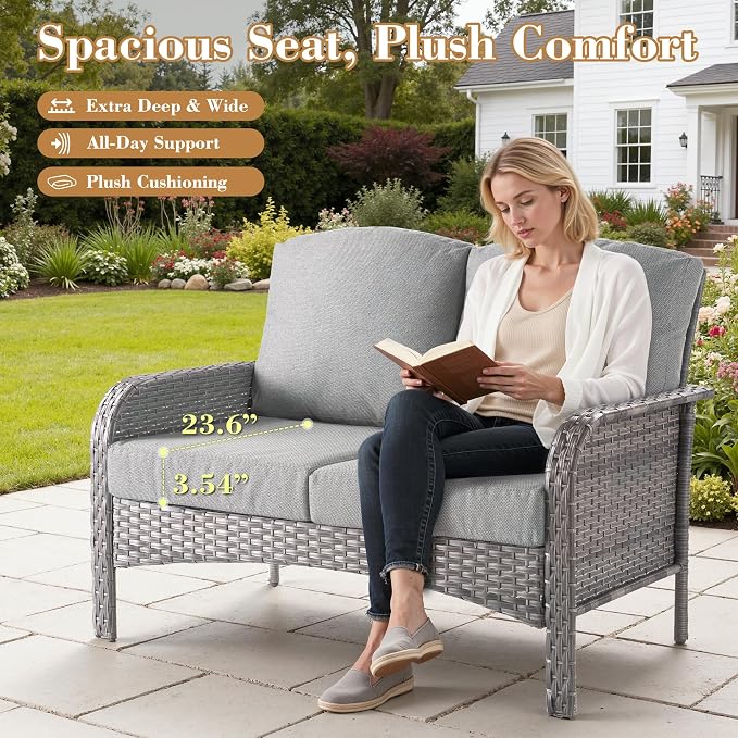 5 Pieces Patio Furniture Set, All Weather Rattan Patio Conversation Sets with Swivel Rocking Chairs, Coffee Table, High Back Outdoor Furniture Loveseat for Porch, Backyard,Dark Grey