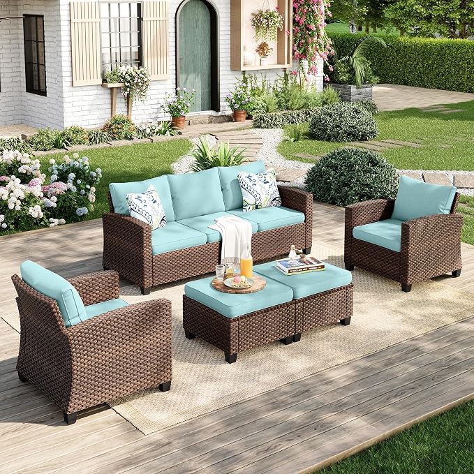 MIXPATIO Patio Furniture Set, 5 Pcs Wicker Rattan Outdoor Conversation Set, 2 x Leg Chairs, 1 x 3 Seater Sofa and 2 x Ottoman with 4" Thick Cushion for Garden Backyard Deck, Blue