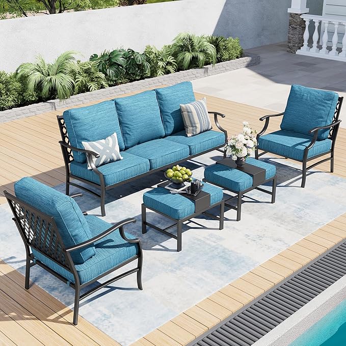 SUNSHINE VALLEY 5 Piece Metal Outdoor Patio Furniture Set, Patio Conversation Sets 3-seater Sofa, 2 Fixed Chair, 2 Ottomans with 5.75" Thick Cushion, Black All-weather Frame Backyard Furniture, Blue-2