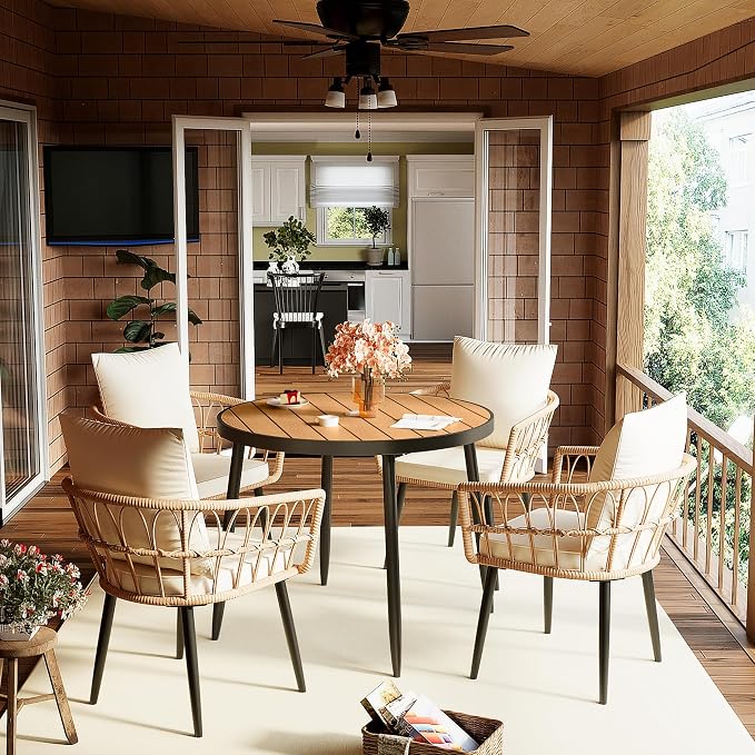Pamapic 5 Pieces Patio Dining Set,All-Weather PE Rattan Patio Furniture Set with Wood Table Top, Outdoor Table and Chairs with Removable Cushion & Round Dining Table for Lawn Garden Patio, Beige