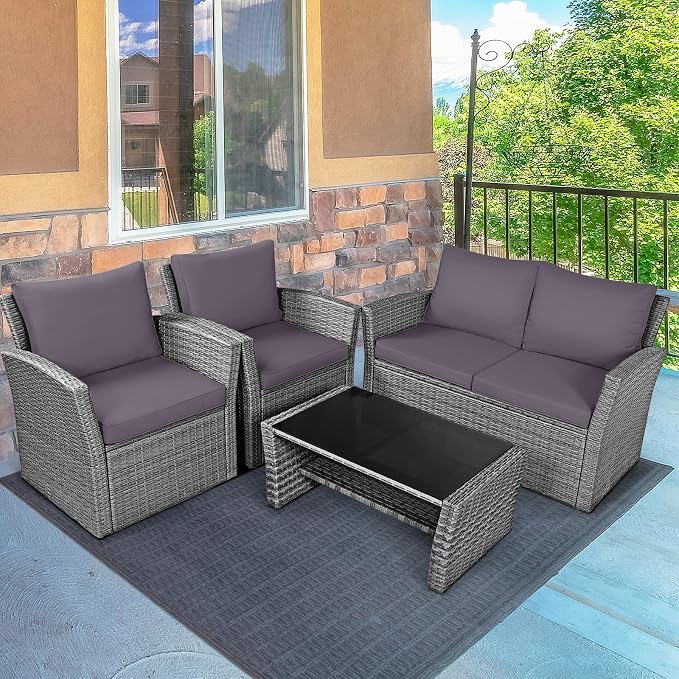 HAPPYGRILL 4PCS Patio Rattan Furniture Set Outdoor Conversation Set with Cushions and Coffee Table, Sectional Wicker Sofa Set for Garden Porch Balcony Poolside