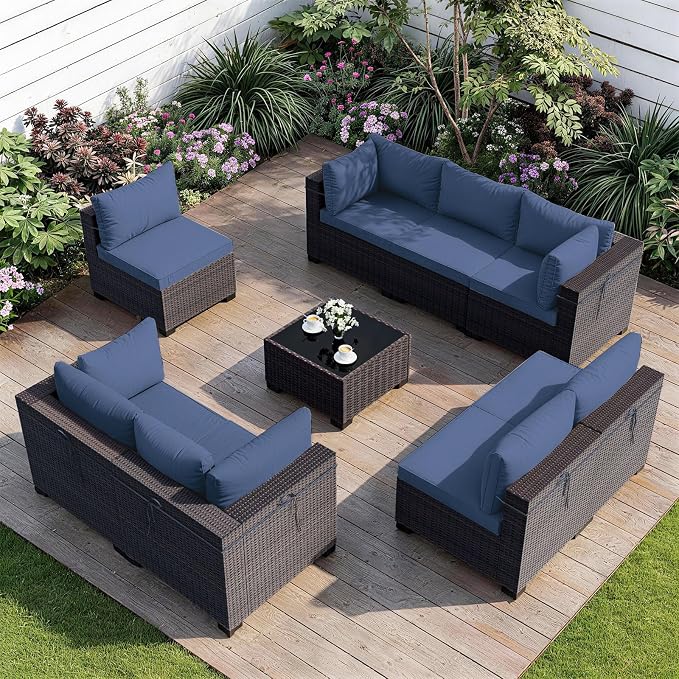 ALAULM Patio Furniture Set with Coffee Table, 9 Pieces Outdoor Sectional with Wide Seat and Thick Cushion, All Weather Wicker Rattan Conversation Set for Backyard, Garden, Deck, NavyBlue