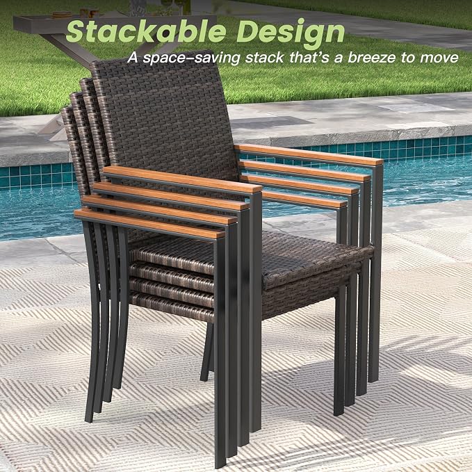 Patio Dining Set for 6, Outdoor Furniture of 63" Rectangular Slatted Table with Umbrella Hole and Stackable Wicker Patio Chairs for Backyard Lawn Garden, Walnut Chairs, Black Table