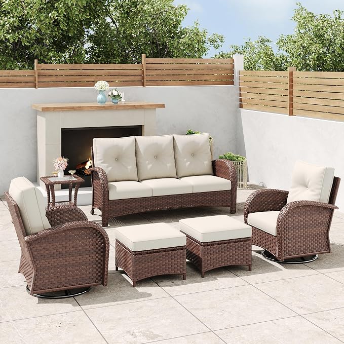 6 Pieces Outdoor Wicker Patio Swivel Rocking Chairs, All Weather Wicker Conversation Set with Side Table