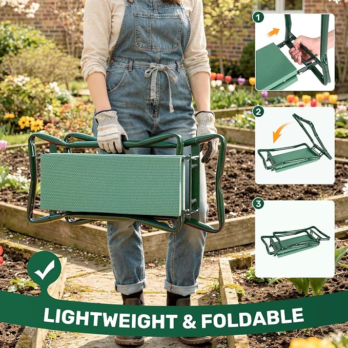 Garden Kneeler and Seat with 2 Tool Pouches for Gardening Work | 350lbs Max Load Alloy Steel Frame, 10.23in Wide EVA Foam Pad, Foldable Stools for Seniors, Kneeler Seats with Handles