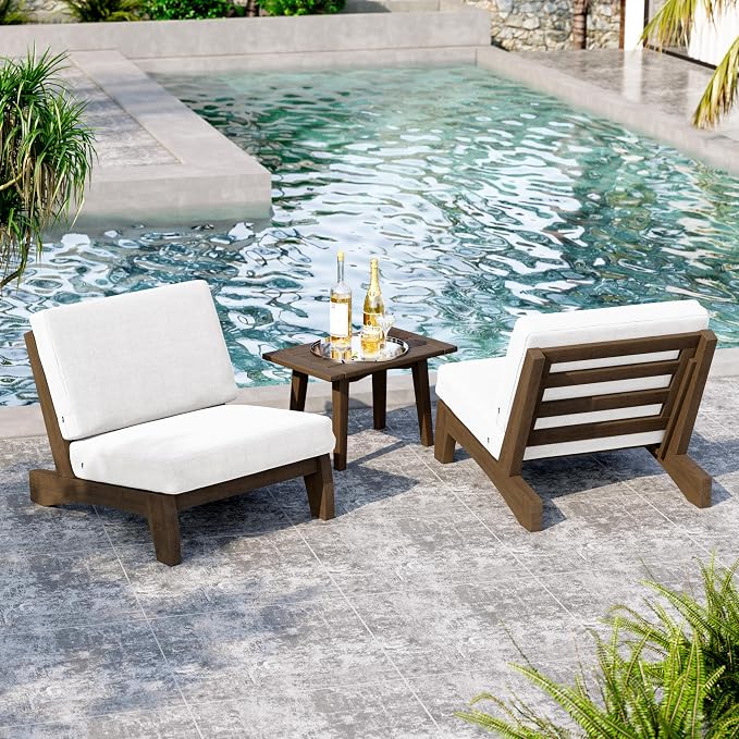 5 Pieces All Weather Wood Patio Furniture Sets, 2 Patio Loveseat, 2 Patio Bistro Chair, Outdoor Sectional Sofa Furniture Backyard Conversation Set with Coffee Table - Beige