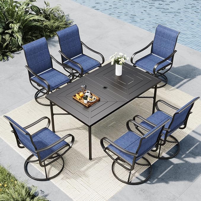 MFSTUDIO Patio Dining Set for 6, Outdoor Dining Set with Metal Table and Swivel Chairs, Patio Table and Chairs Set for Deck Backyard Poolside Garden