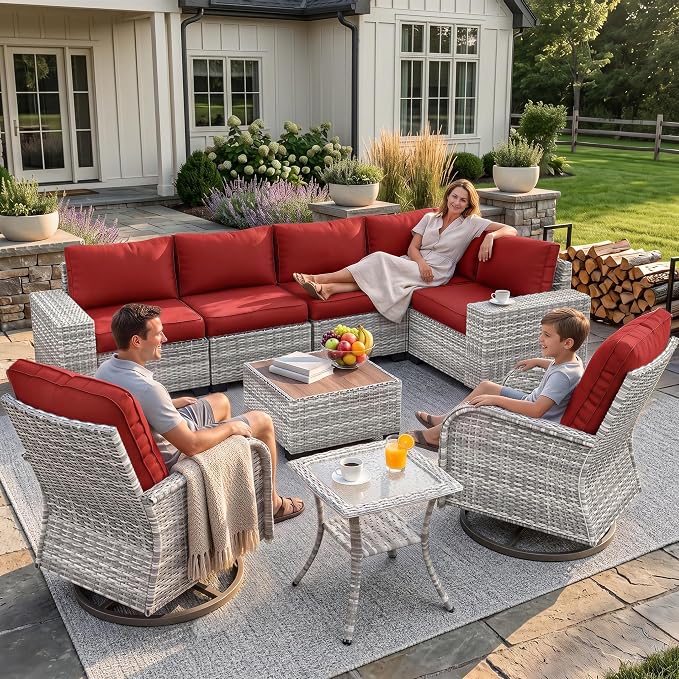 9-Piece Outdoor Patio Furniture Set with Rocking Swivel Chair Wicker Sectional Sofa Set, Patio Conversation Set with Thickened Cushions & Coffee Table for Garden, Backyard, Red