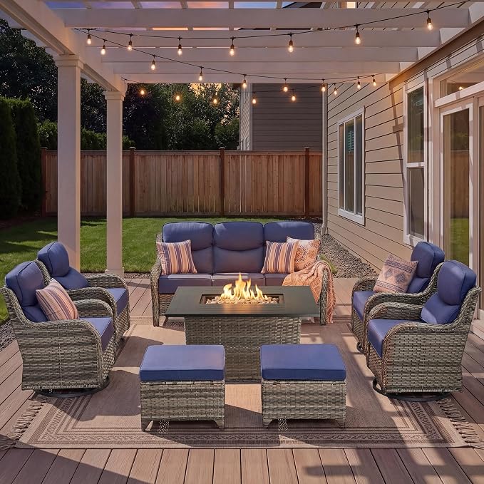 Luxury Patio Furniture Set with Fire Pit Table-8 Pieces All Weather Outdoor Swivel Rocker Chairs with Sofa and Ottomans. Outdoors Patio Conversation Sets for Porch Deck Garden Backyard(Grey/Blue)