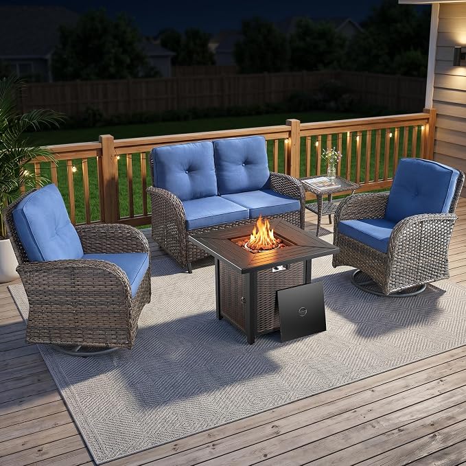 5 Piece Patio Furniture Set with Fire Pit Table - Wicker Patio Conversation Set with Swivel Glider, Glider Loveseat, Tempered Glass Side Table for Deck Backyard - Brown Wicker Blue Cushion