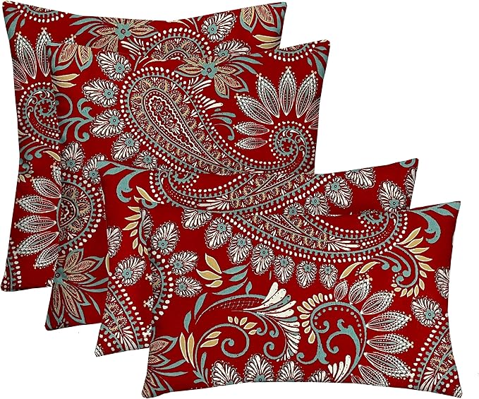 Indoor Outdoor Set of 4 Pillows Square and Lumbar Pillows, Choose Size and Color, (17" + 20" x 12", Eastman Berry Red Paisley)
