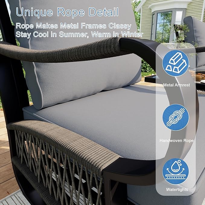 10 Pieces Patio Furniture Set, Metal Outdoor Conversation Sets with Swivel Chairs, Modern Couch Sofa Seating Group with Coffee Table and Side Table (Thick Gray Cushions)