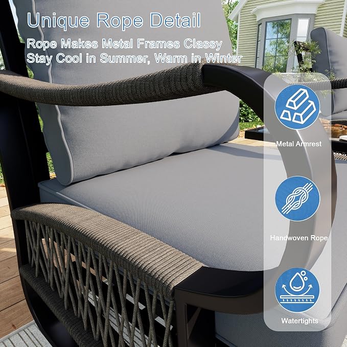 10 Pieces Patio Conversation Sets, All Weather Metal Outdoor Furniture Set 3-Seater 2 Single Chairs 4 Swivel Rockers with 2 Side Tables and Fire Pit Table for Backyard Garden Deck Poolside, Gray