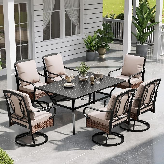 Sophia & William Outdoor Table and Chairs 7 Piece Heavy-Duty Patio Dining Set with 6 Padded Patio Swivel Dining Chairs and 1 Rectangular Metal Table with 1.57" Umbrella Hole for Garden Deck