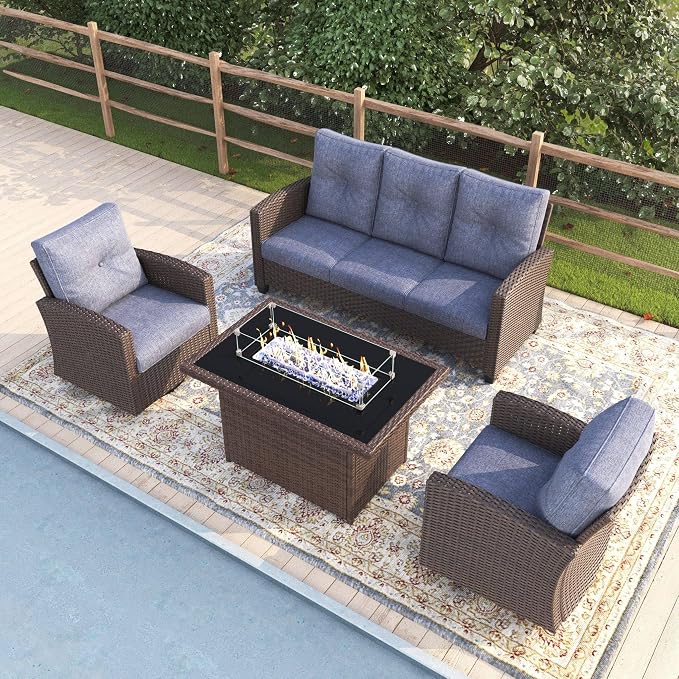 4 Pieces Patio Furniture Swivel Chairs Set with Fire Pit Table, Outdoor Wicker Glider Rocking Chairs with Sofa Set