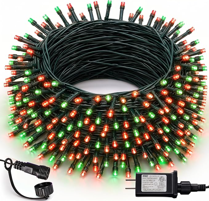 Dazzle Bright Red and Green Christmas String Lights, 300 LED 100 FT Connectable Waterproof String Lights Green Wire with 8 Modes, Xmas Vintage Decorations for Indoor Outdoor Party Yard Garden Decor