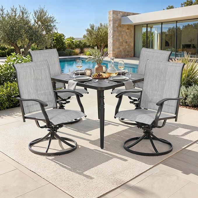 NUU GARDEN 5 Piece Patio Dining Set for 4, Swivel Chairs, Black | Square dining table with umbrella hole and 4 Textilene swivel chairs featuring ergonomic high backs and durable steel frames.