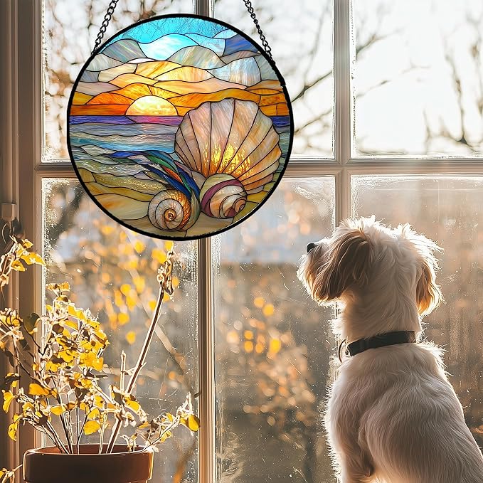 Stained Glass Window Hanging - Colorful Beach Shells Conch Sun Catcher for Door Home Decor Ocean Suncatcher Christmas Mother's Day Birthday Sea Lover Gifts for Women Men Mom Nana 15 in