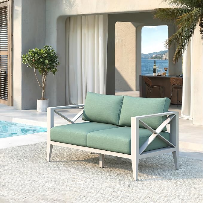 Outdoor Loveseat Patio Sofa with Cushions, Aluminum Patio Furniture Deep Seating Outdoor Couch for Balcony Deck Backyard Garden Conversation Seating