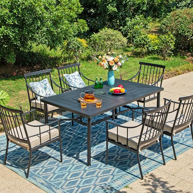 Sophia and William Patio Dining Set, 7 PCS | E-Coated and Steel, Rectangle Table, Straight Legs Chairs, 1.77" Umbrella Hole, Weather-Resistant, Easy to Clean