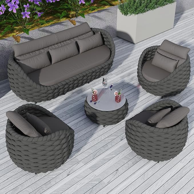 TWT 6-Piece Aluminum Patio Furniture Set, Modern Outdoor Conversation Set Sectional Sofa with Water Repellent Thick Cushions and Coffee Table for Balcony, Garden