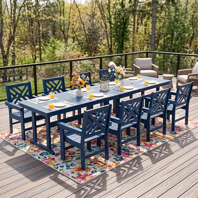 HDPE Dining Table Set for 8,10-Piece Outdoor Table and Chairs Include 8 Dining Chairs and 2 Pcs 62.5" Patio Dining Table with Umbrella Hole (Blue)