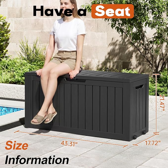 Outdoor Storage Box, Resin Deck Boxes Indoor and outdoor, Waterproof Storage Box Lockable Lid (Black, 85 Gallon)