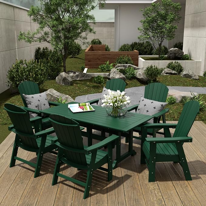 WestinTrends Dylan Adirondack Outdoor Dining Set for 6, All Weather Poly Lumber Patio Table and Chairs Set of 6, 71" Trestle Outdoor Table and Seashell Adirondack Dining Chair, Dark Green