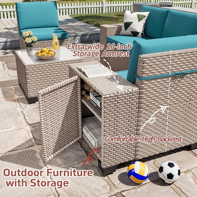 7 Pieces Patio Furniture Set with Fire Pit Table, Outdoor Sectional Wicker Sofa with Thickened Cushions and Coffee Table, High Back Rattan Patio Conversation Sets, Cyan